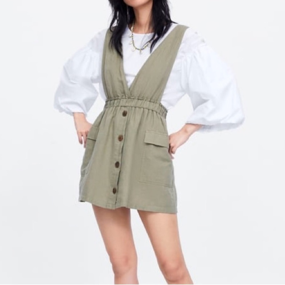 ZARA Olive Green‎ Sleeveless Button Front Mini Dress - Size M